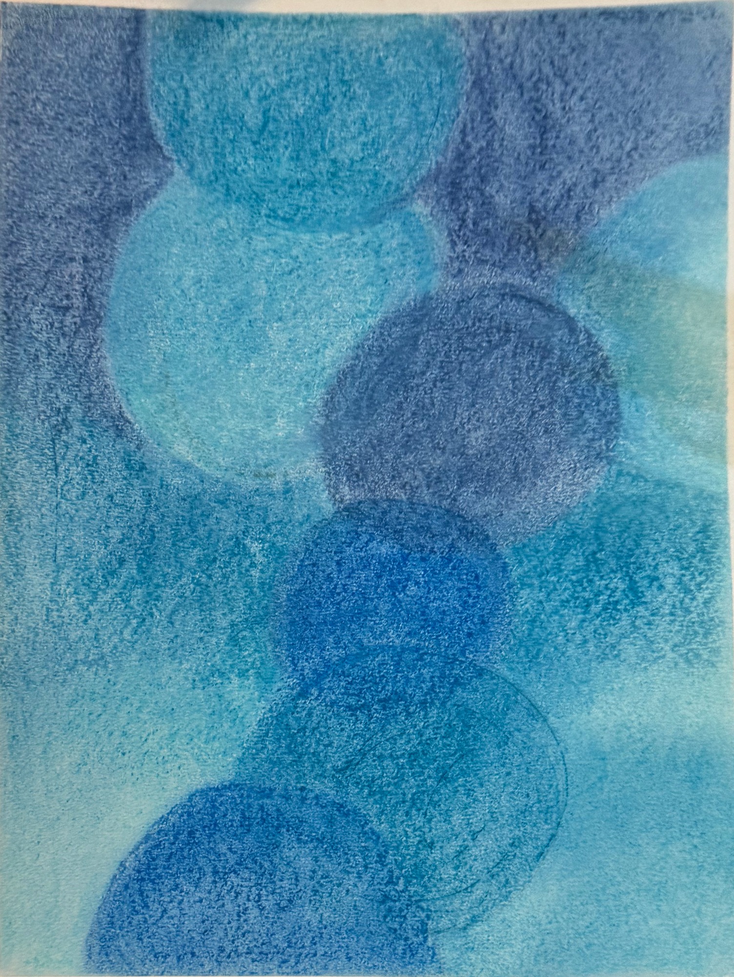Overlapping blue circles form a loose vertical rhythm across a textured blue field.