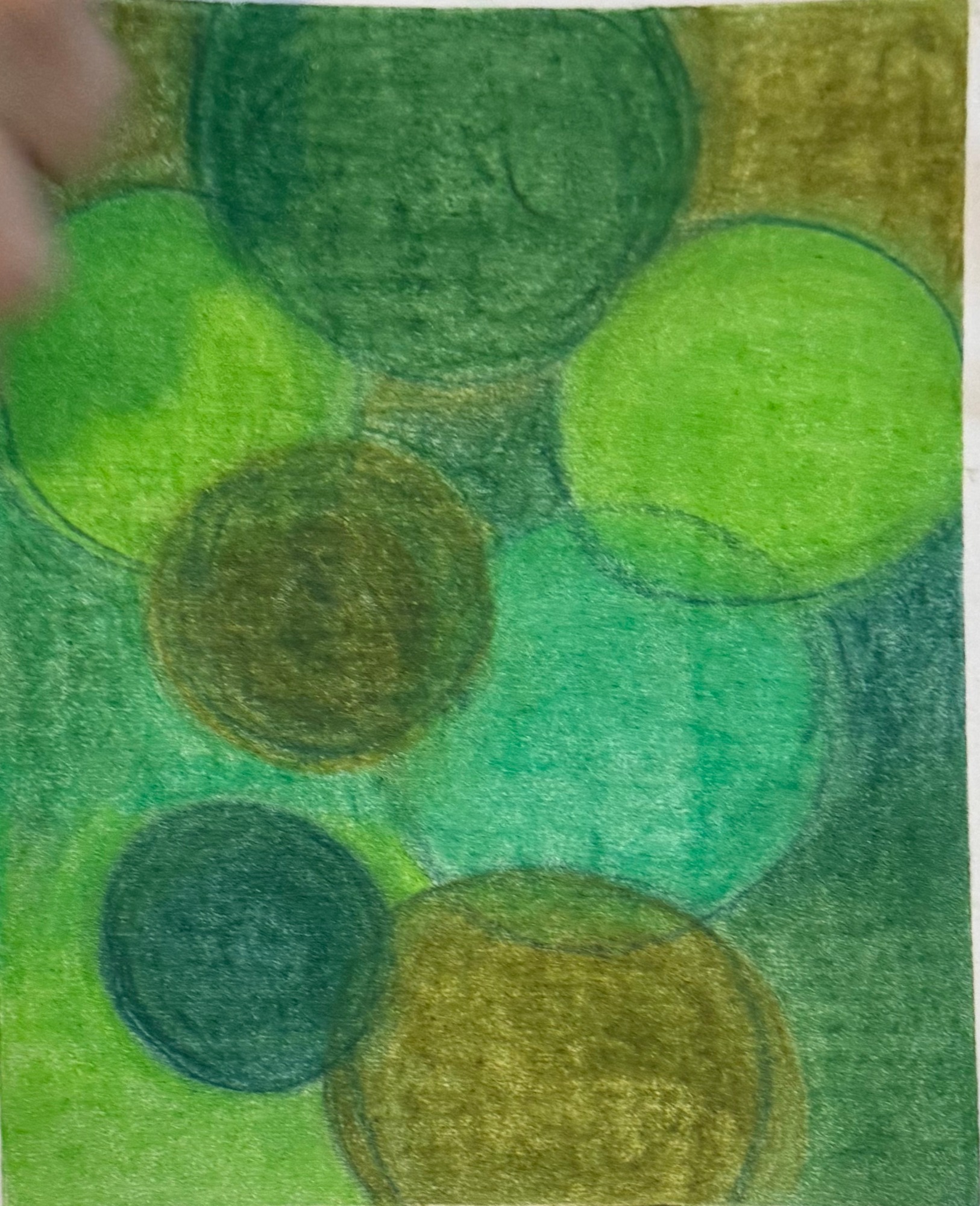 Circles in lime, moss and deep green overlap on a luminous green ground.
