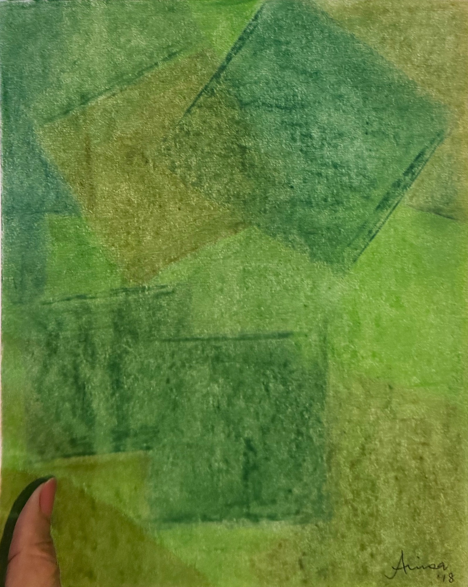 Overlapping geometric planes in moss, olive and leaf green create a quiet tonal composition.