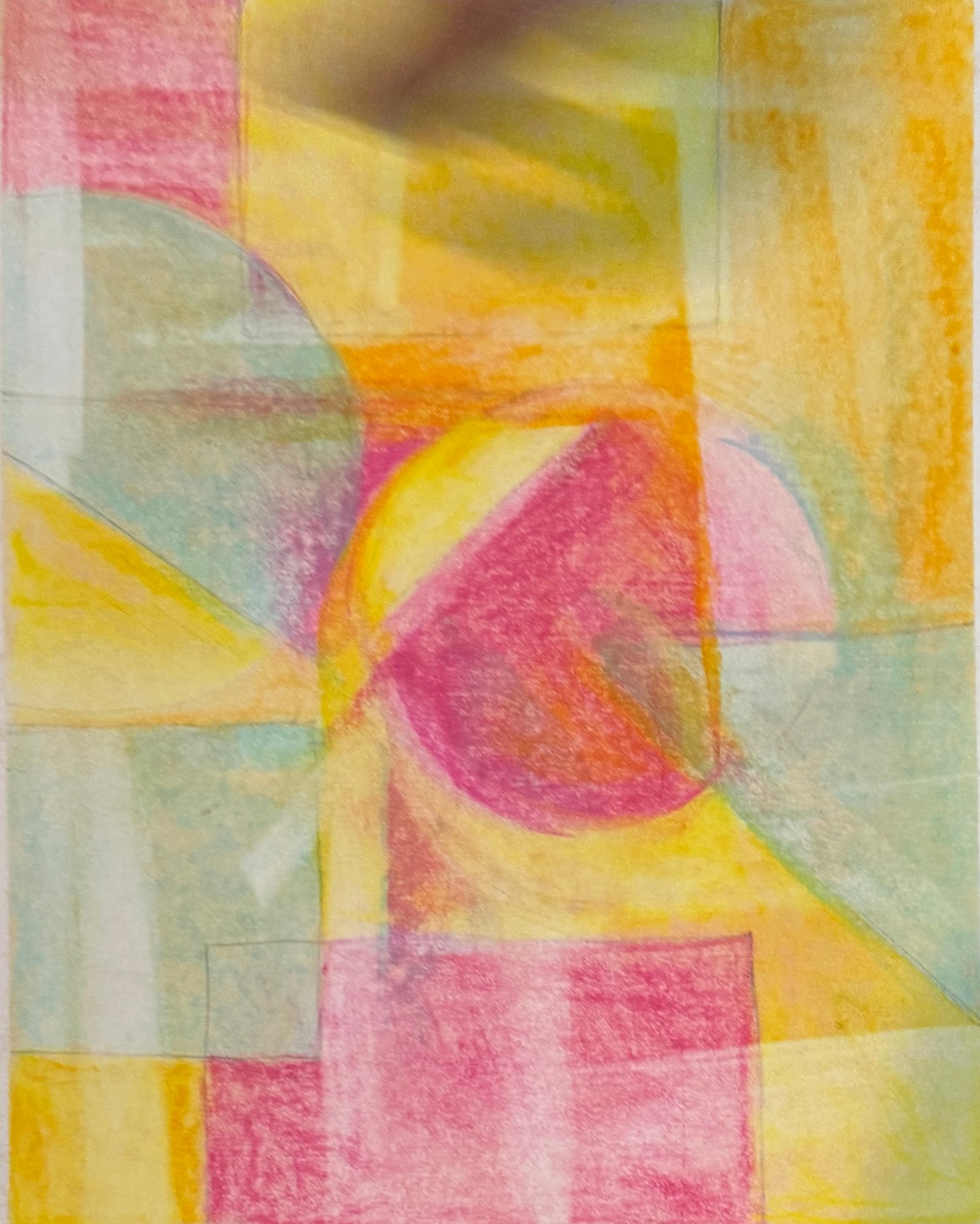 Translucent yellow, pink and pale green shapes overlap around a central rose-coloured circle.