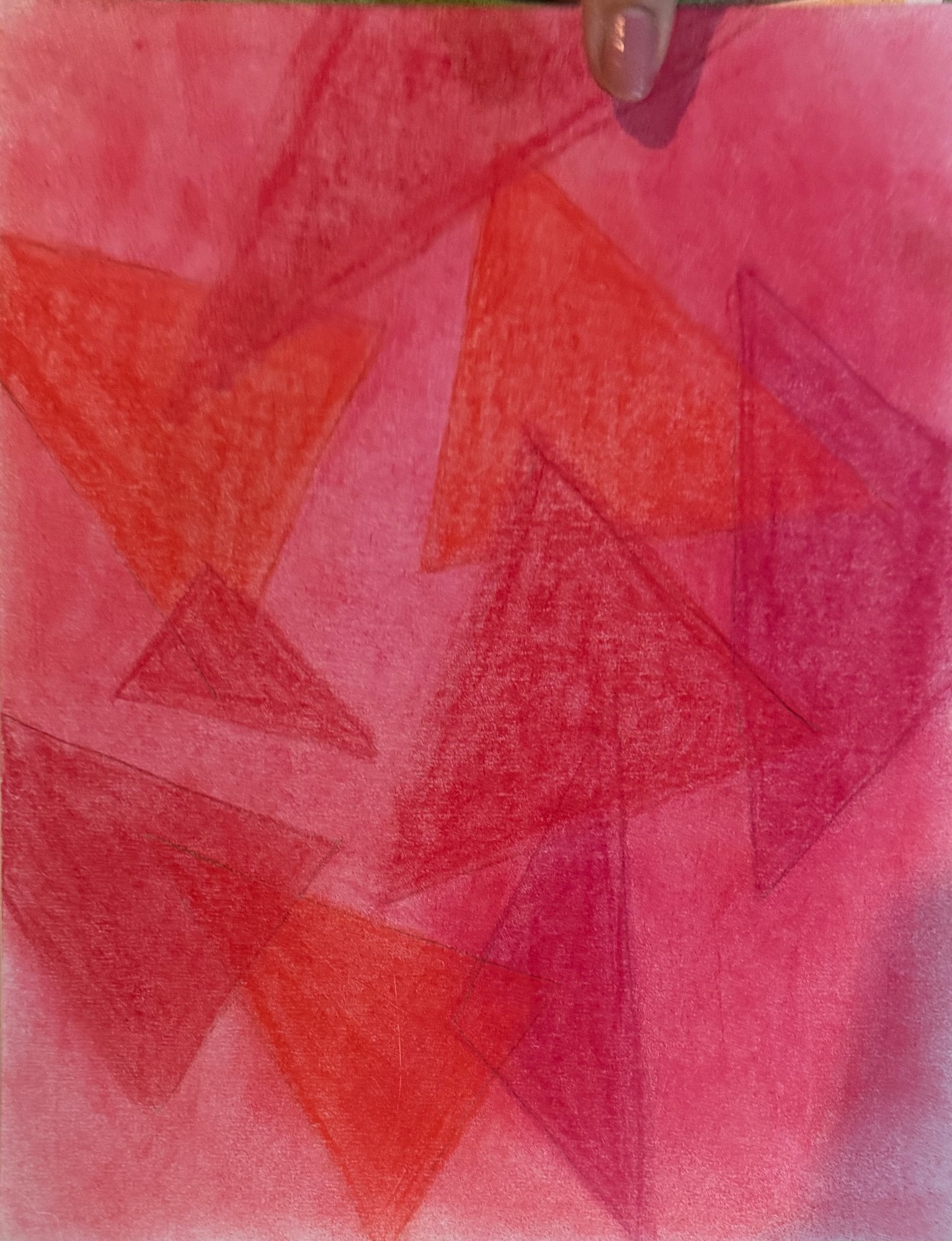 Triangular red and pink planes fold across a warm rose field.