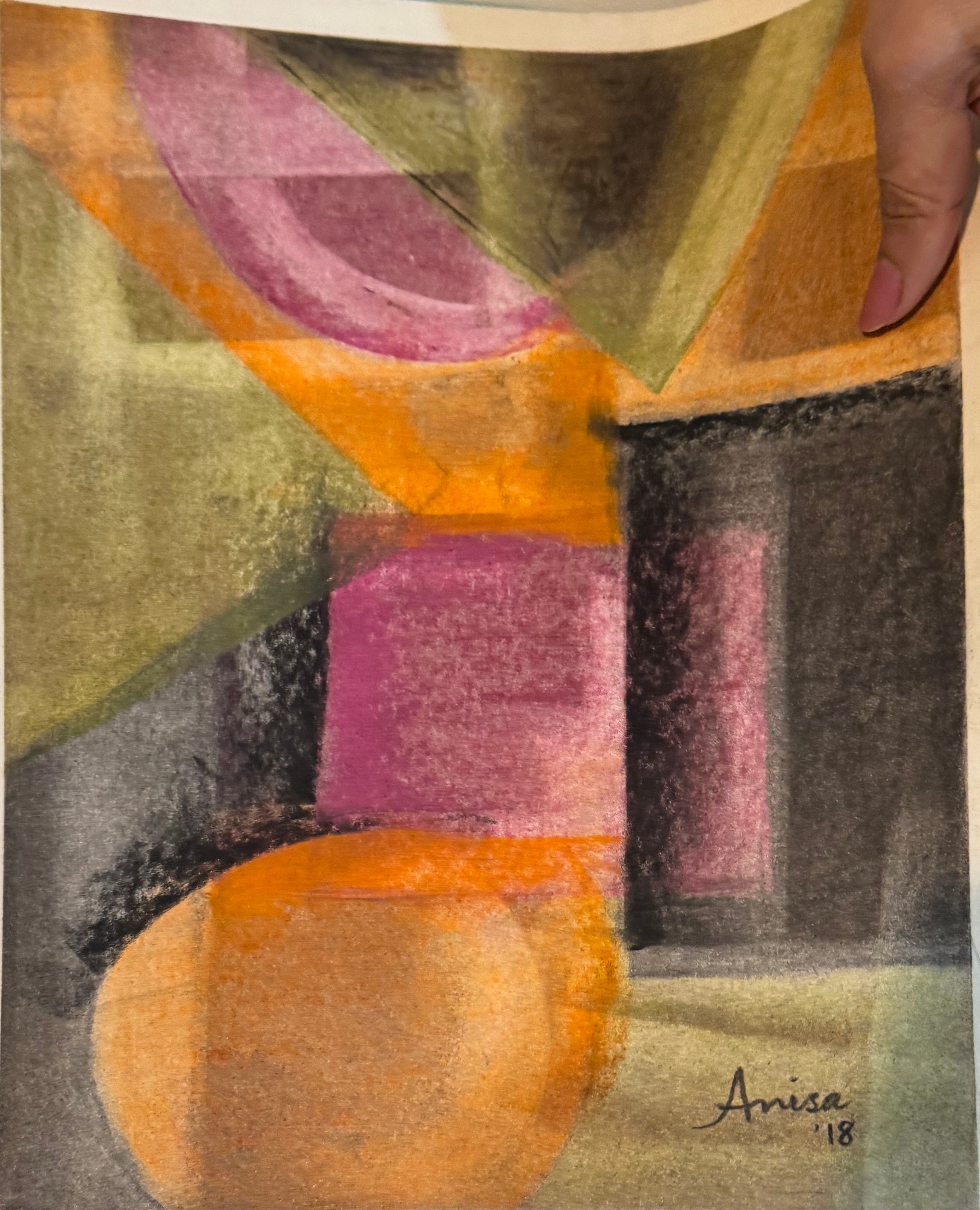 Rounded ochre forms meet plum and charcoal rectangles within a dark geometric composition.
