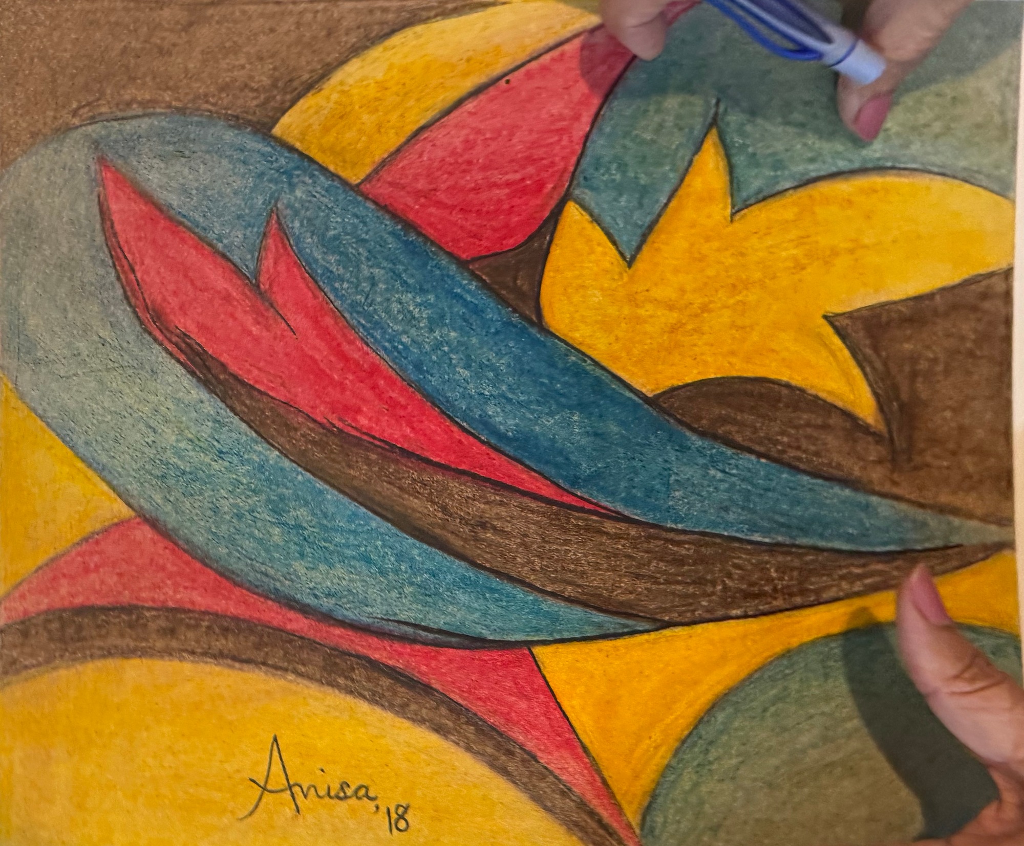 Long blue and red curves sweep through sharp yellow and charcoal planes.