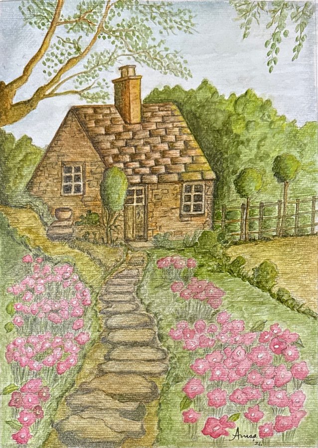 A stone path winds between beds of pink flowers to the door of a small cottage beneath leafy trees.