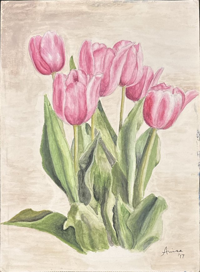 Pink tulips gather above long, folding green leaves on warm-toned paper.
