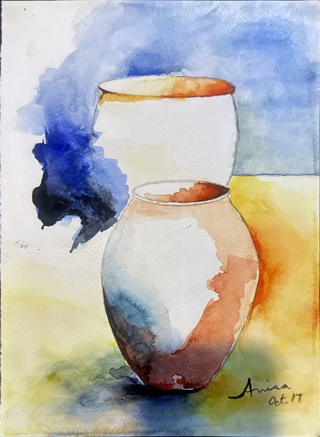 Pale ceramic vessels emerge from passages of deep blue, warm ochre and terracotta.