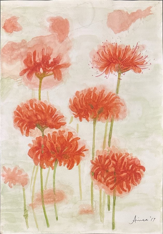 Red flowers on slender green stems repeat across a pale wash of pink and green.