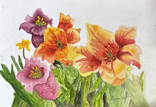 Orange lilies and purple flowers open above a dense sweep of green leaves.