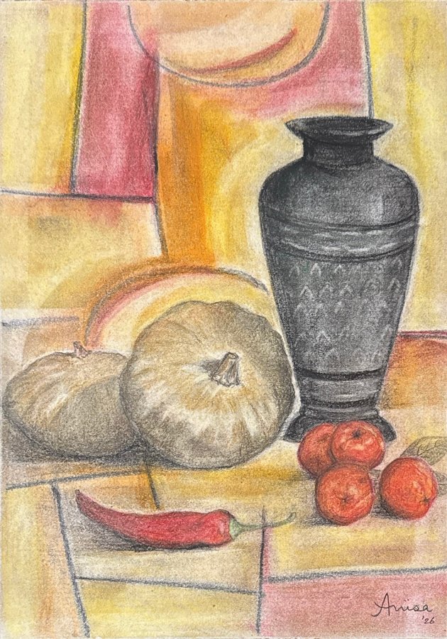 A dark vase, rounded fruit and red tomatoes sit within a geometric arrangement of gold and pink.