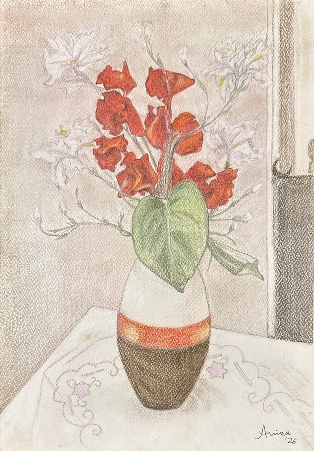 Red and white flowers rise from a striped vase beside a window, above a cloth traced with floral outlines.