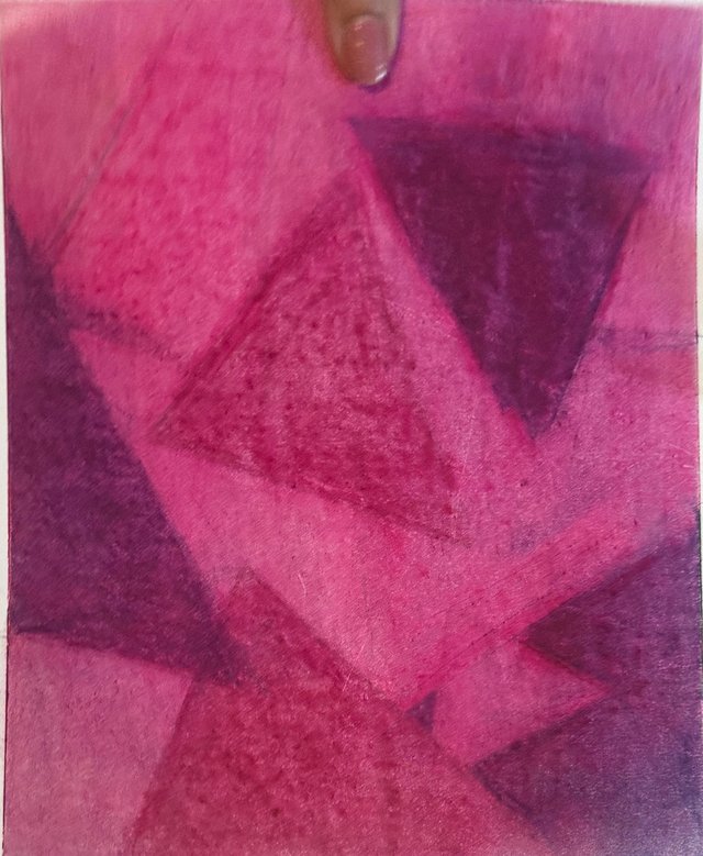 Angular rose and plum shapes overlap within a saturated pink field.