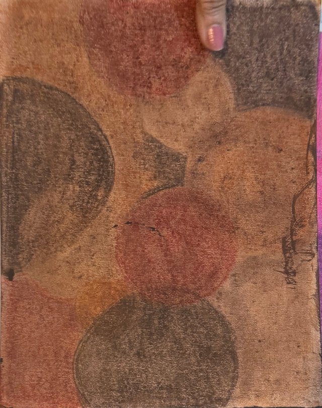 Rounded forms in terracotta and dark umber overlap on an earthy brown ground.