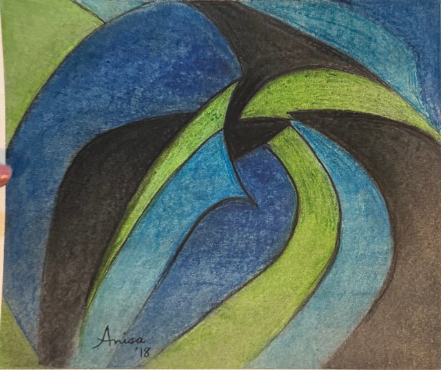 Curving bands of blue, green and charcoal turn towards a dark central point.