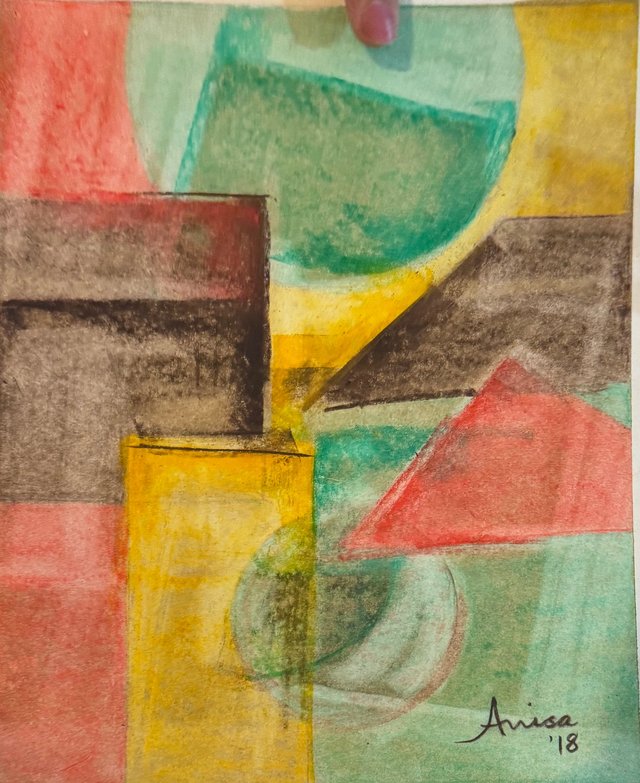 Green vessels and red, yellow and charcoal planes gather into an abstract still life.