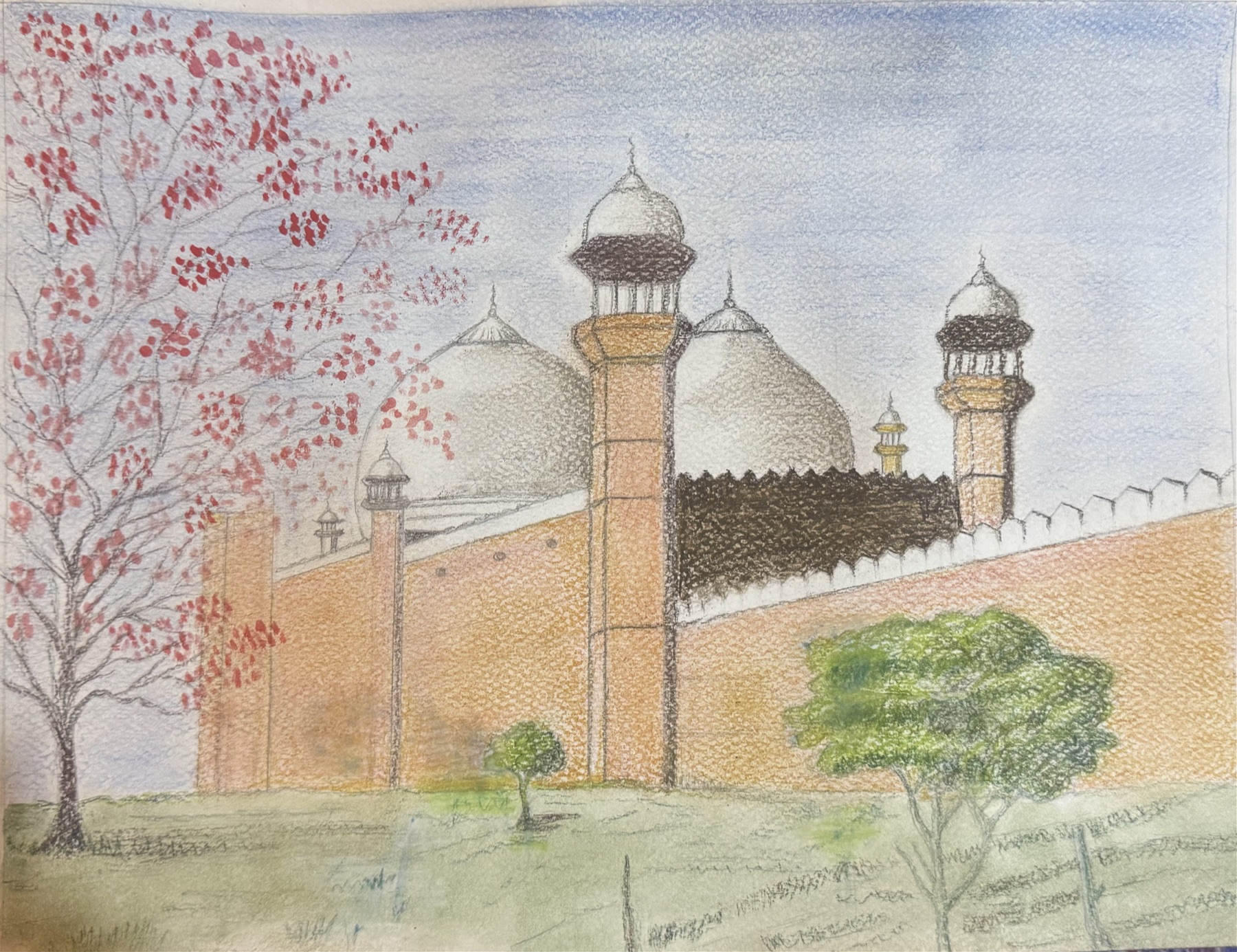 Colored pencil and watercolor study of a grand mosque — red sandstone walls, white marble domes and minarets under a pale sky, blossoming branches in the foreground