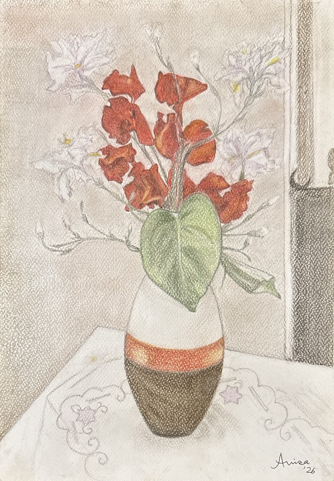 Red and white flowers rise from a striped vase beside a window, above a cloth traced with floral outlines.